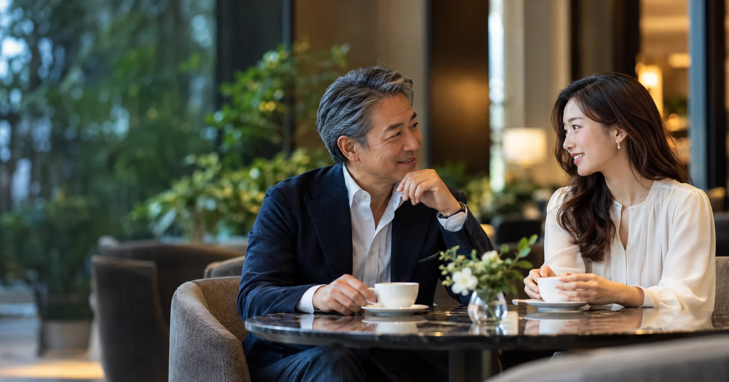 落ち着いたホテルのカフェで、年齢差のある男女が自然に会話を楽しむイメージ