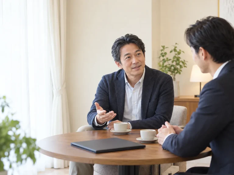 落ち着いた相談スペースで説明を聞く男性のイメージ