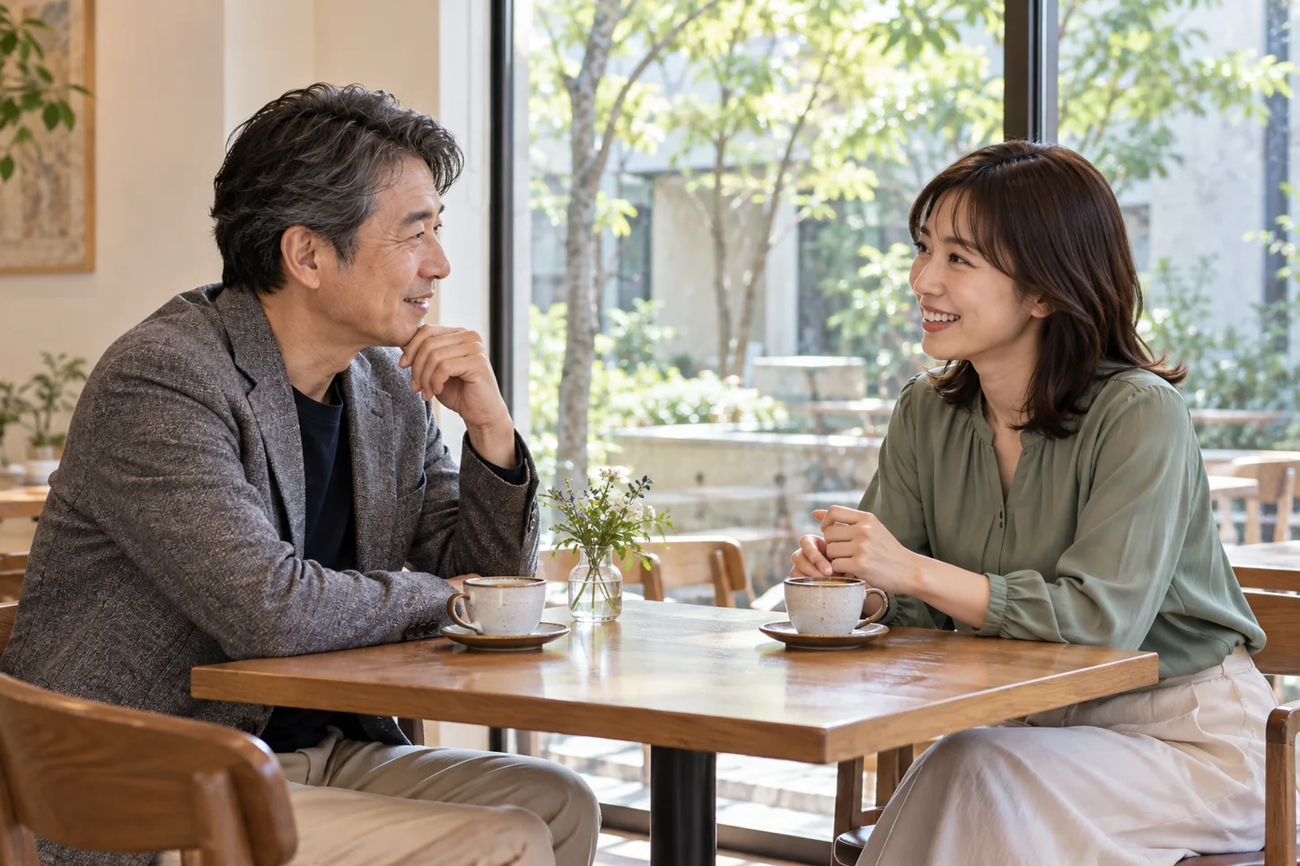 明るいカフェで会話を楽しむ架空の成人男女のイメージ